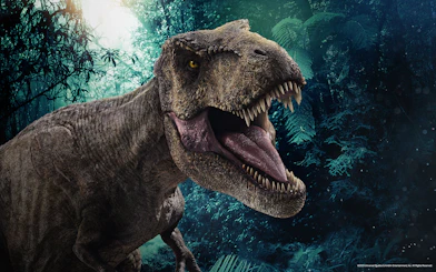 Tyrannosaurus rex roaring in a jungle setting at Jurassic World: The Experience.