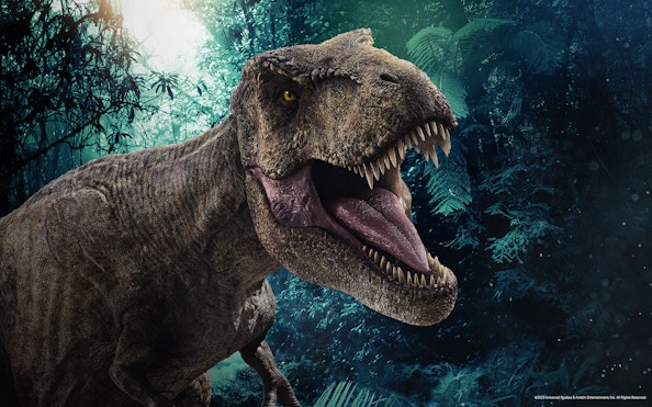 Tyrannosaurus rex roaring in a jungle setting at Jurassic World: The Experience.