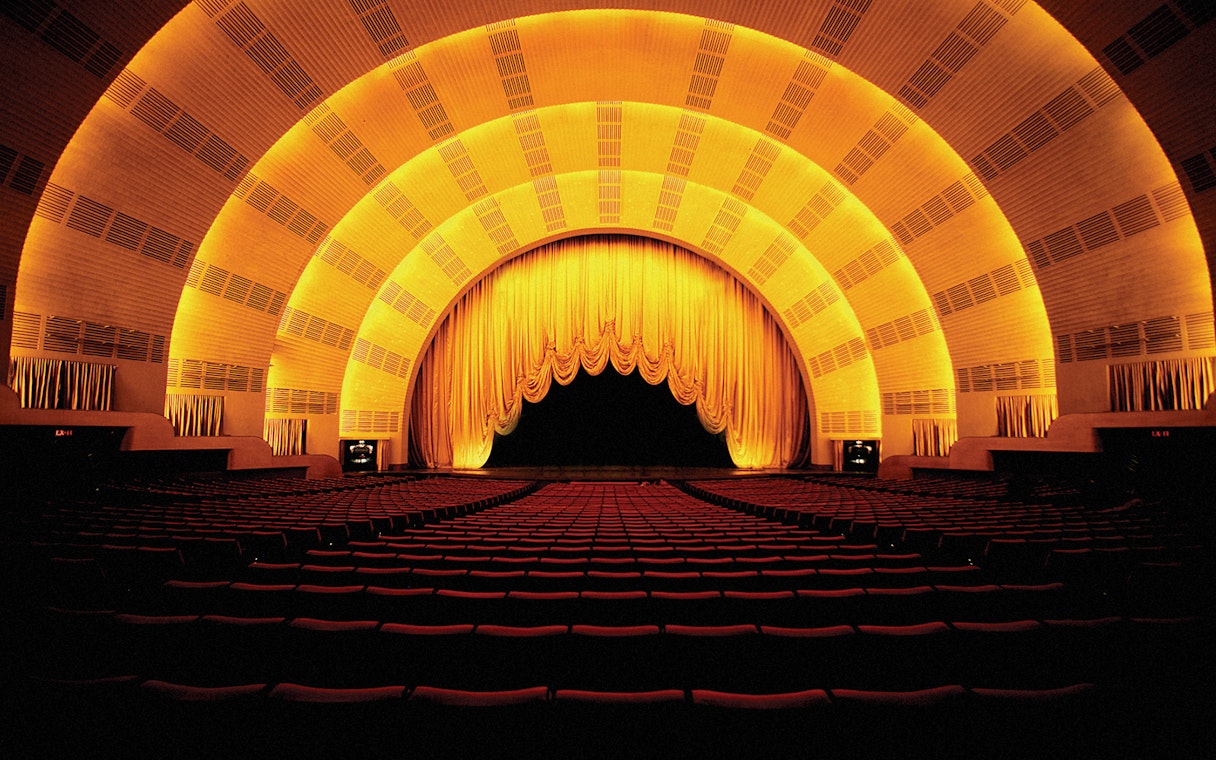 Radio City Music Hall interior with stage and seating, New York City.