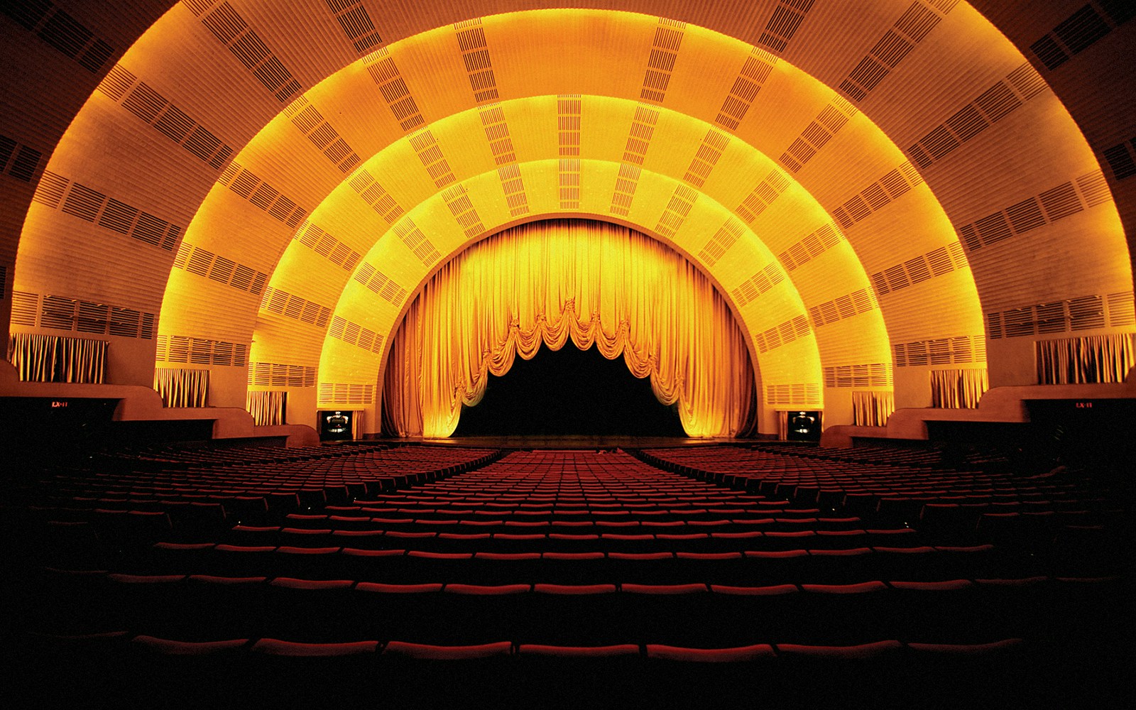 Radio City Music Hall interior with stage and seating, New York City.