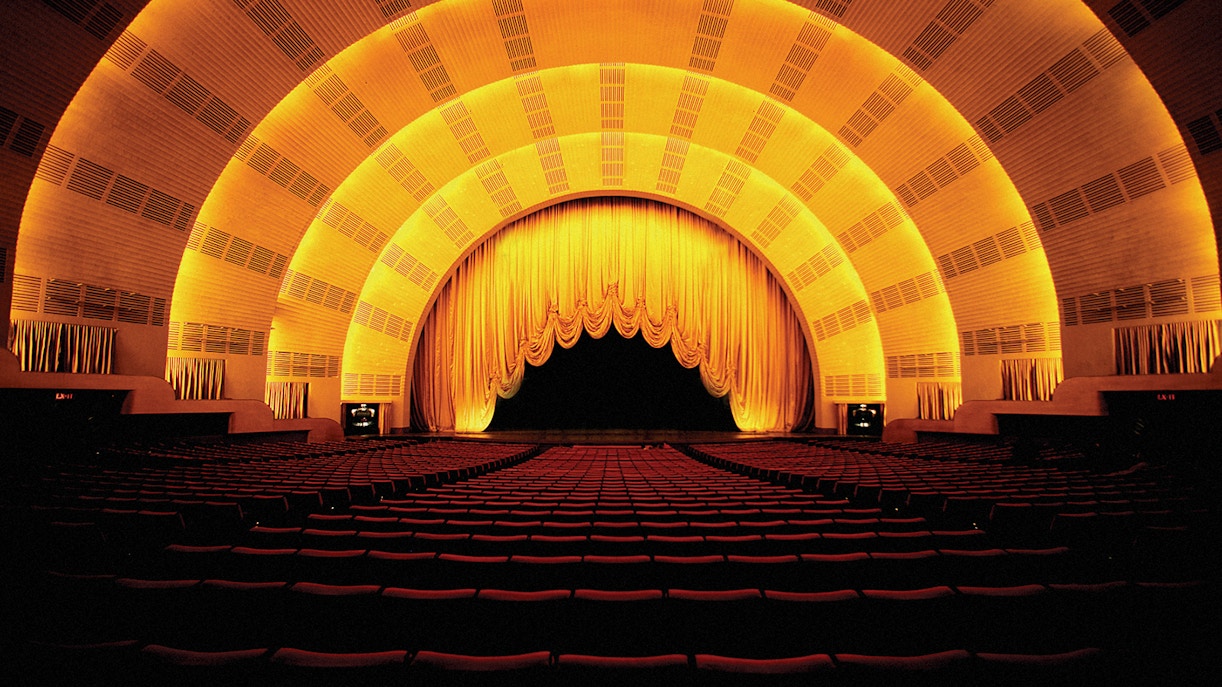 Radio City Music Hall interior with stage and seating, New York City.