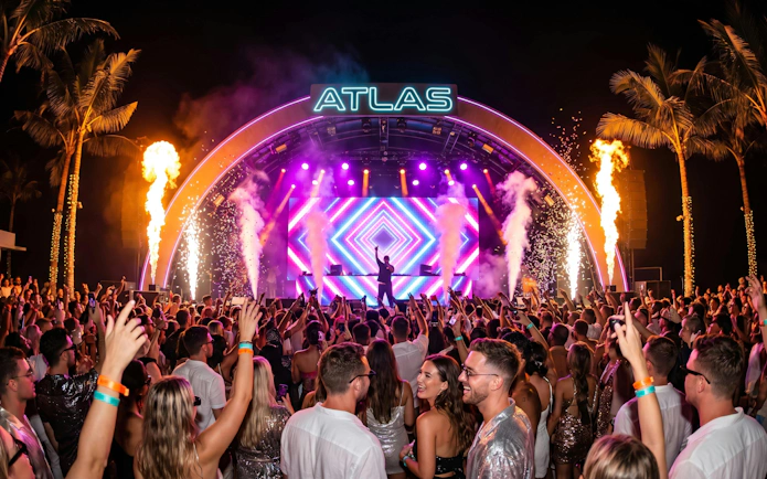 Crowd enjoying New Year's Eve concert with Quavo at Atlas Beach Club, vibrant lights and fireworks.