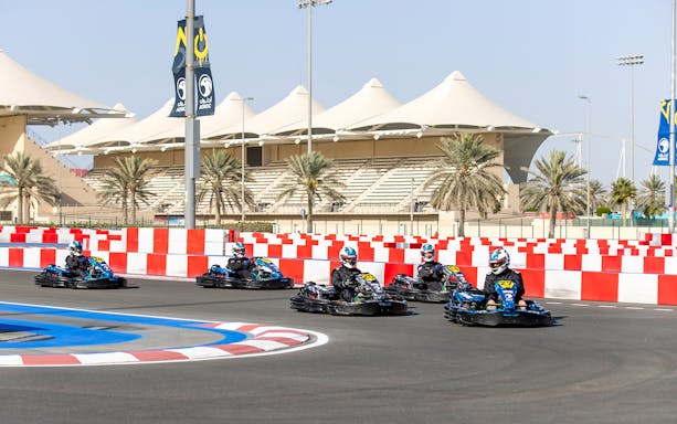 Go-kart racers on track at Yas Marina Circuit Kartzone, Abu Dhabi.