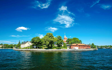 Kastellholmen island with Kastellet castle in Stockholm, Sweden, surrounded by water.