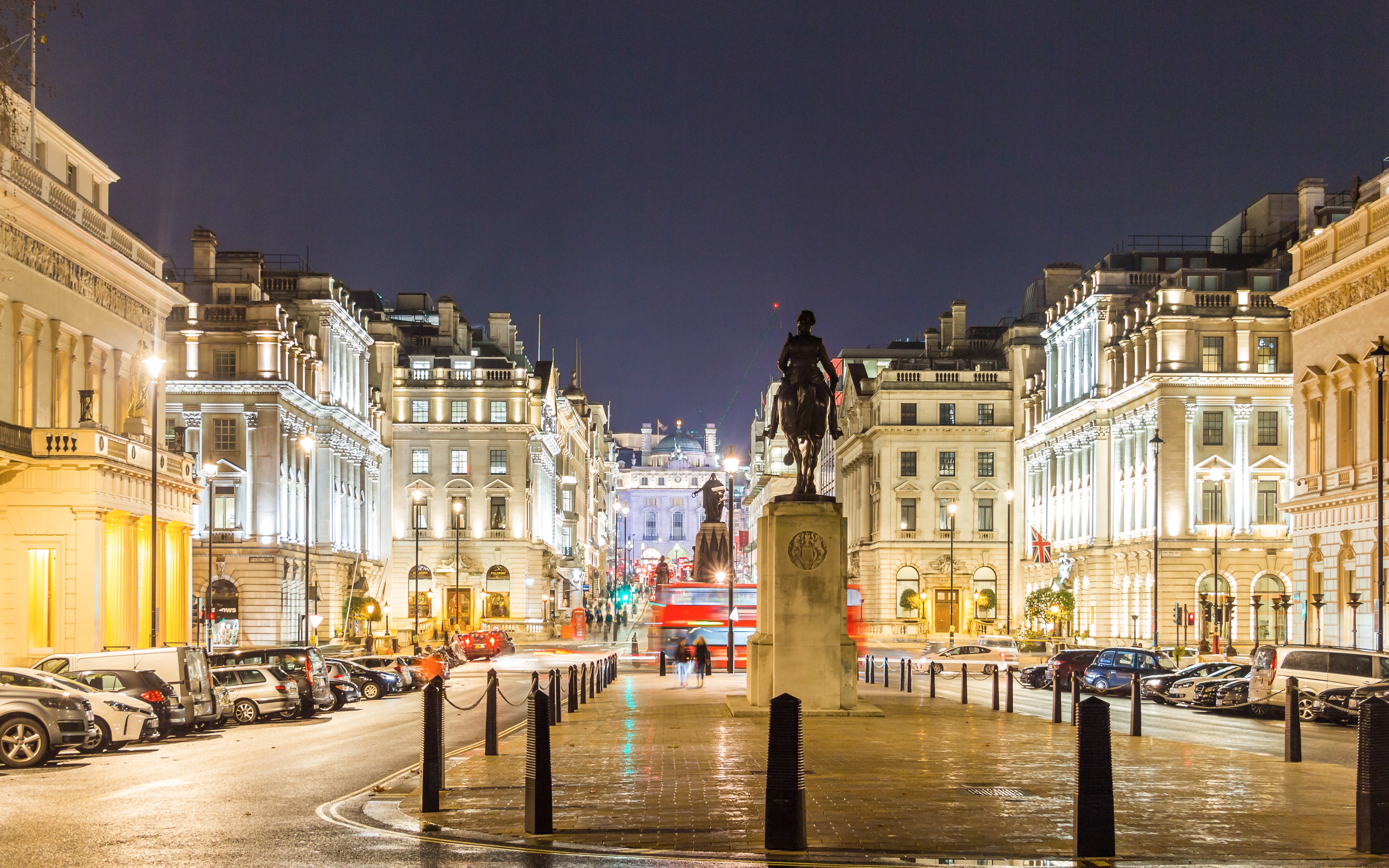 Trafalgar Square at night with Christmas lights in London.