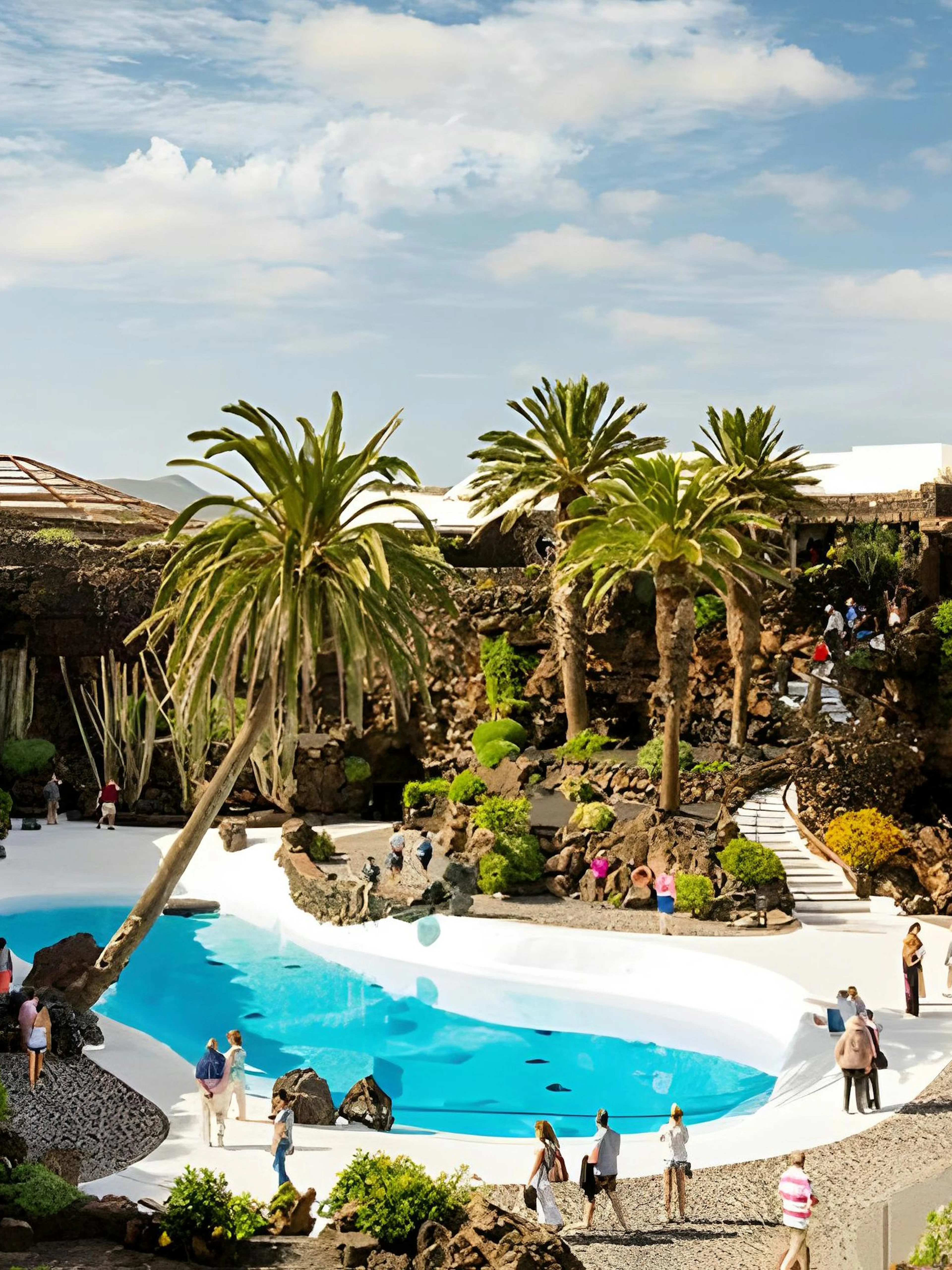 Jameos del Agua volcanic cave with palm trees and turquoise pool in Lanzarote.