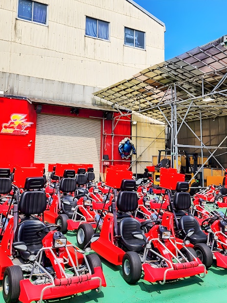 Go karts lined up for street go-karting experience at Tokyo Bay.