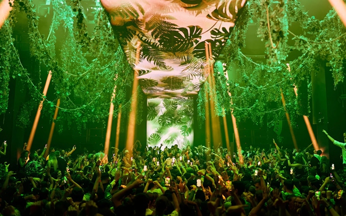 Crowd enjoying Black Coffee performance at Hi Ibiza with vibrant green decor.