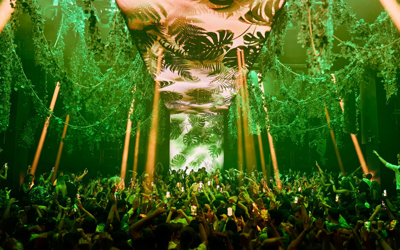 Crowd enjoying Black Coffee performance at Hi Ibiza with vibrant green decor.