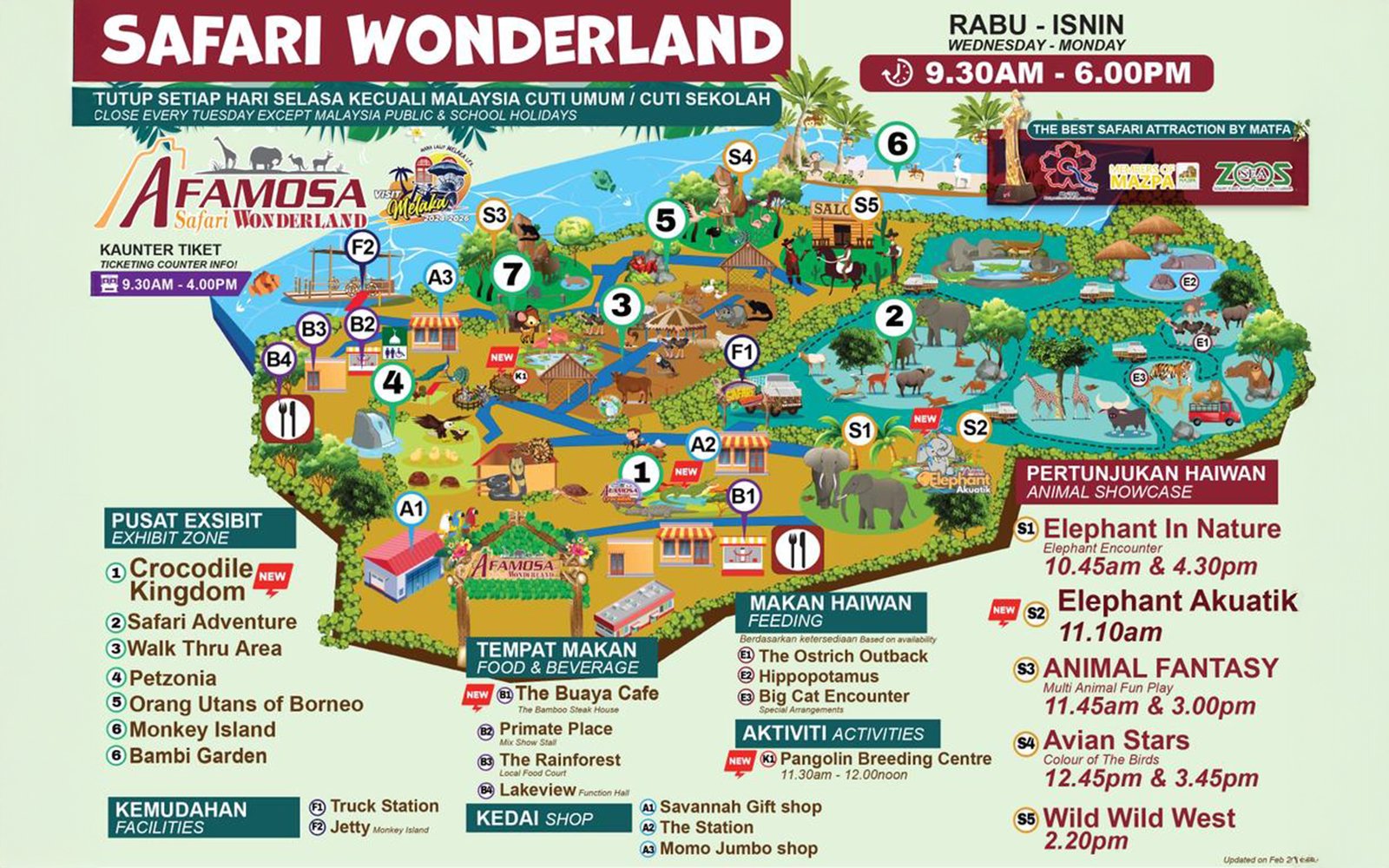 Safari Wonderland map showing animal zones, dining areas, and show locations at A'Famosa, Malaysia.