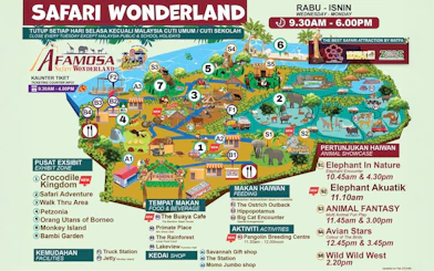 Safari Wonderland map showing animal zones, dining areas, and show locations at A'Famosa, Malaysia.