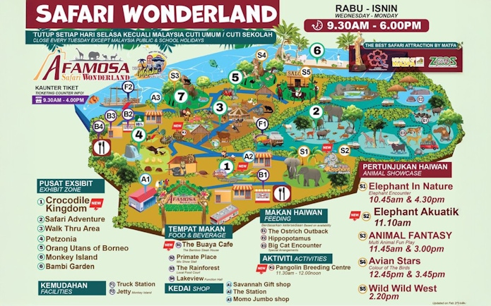 Safari Wonderland map showing animal zones, dining areas, and show locations at A'Famosa, Malaysia.