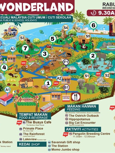 Safari Wonderland map showing animal zones, dining areas, and show locations at A'Famosa, Malaysia.