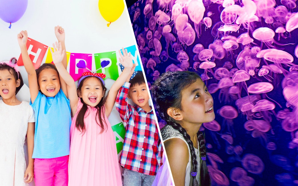Children celebrating at KidZania with colorful balloons and a birthday banner.