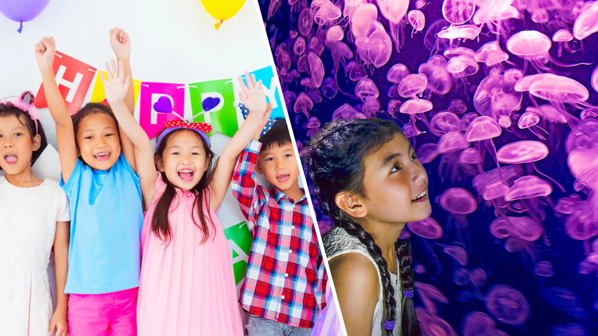Children celebrating at KidZania with colorful balloons and a birthday banner.