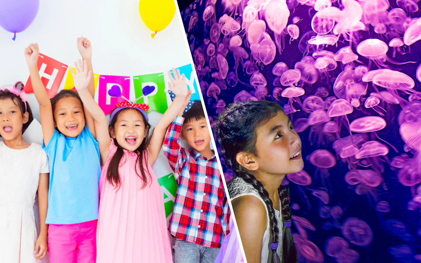 Children celebrating at KidZania with colorful balloons and a birthday banner.