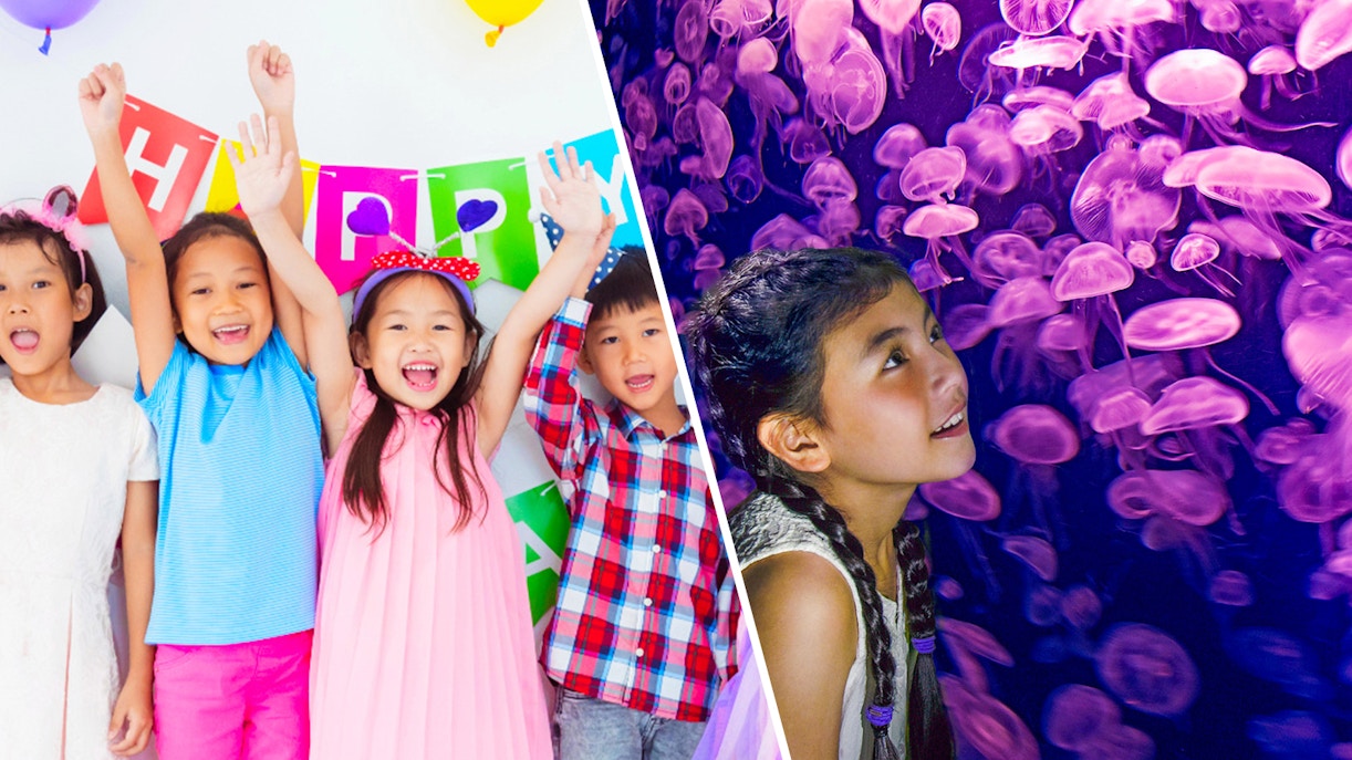 Children celebrating at KidZania with colorful balloons and a birthday banner.
