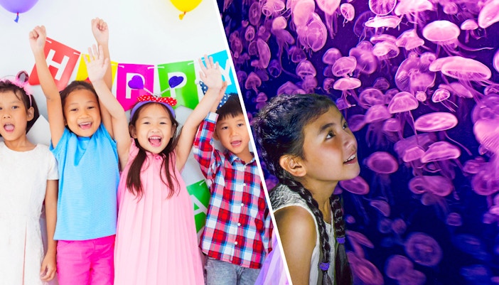 Children celebrating at KidZania with colorful balloons and a birthday banner.