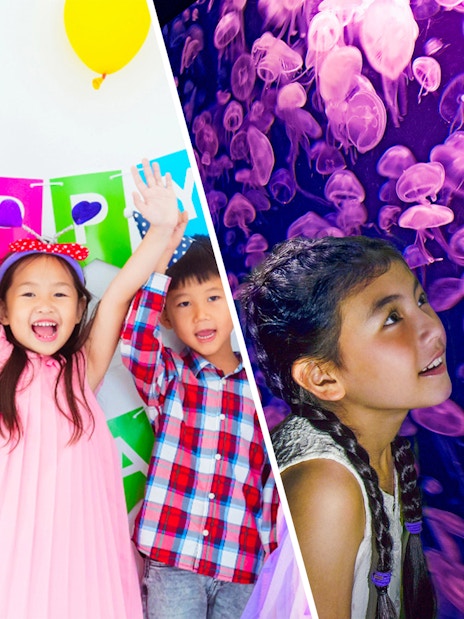 Children celebrating at KidZania with colorful balloons and a birthday banner.