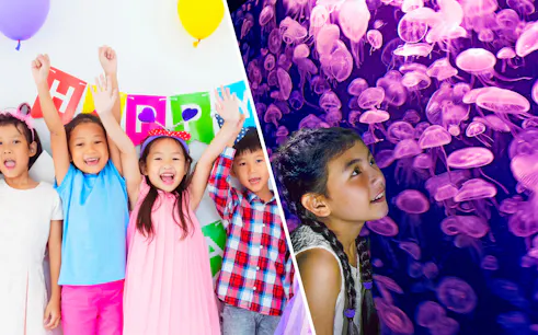 Children celebrating at KidZania with colorful balloons and a birthday banner.