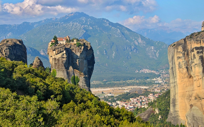 Monastery of the Holy Trinity perched on a rock formation at Meteora, Greece.