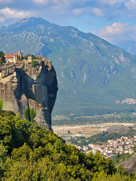 Monastery of the Holy Trinity perched on a rock formation at Meteora, Greece.