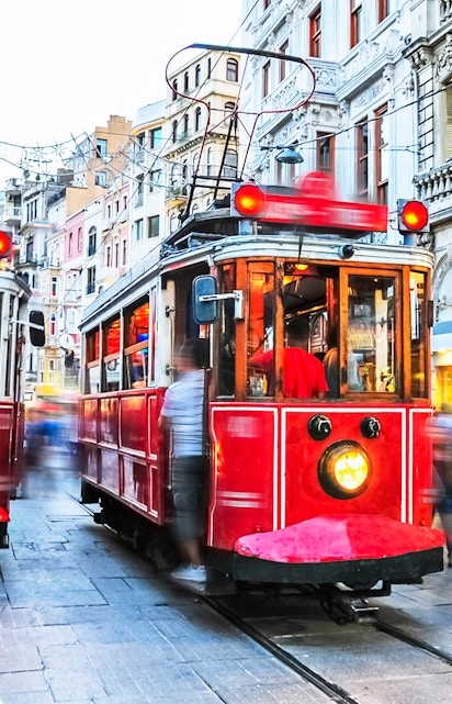 Historic red trams on Istiklal Avenue, Istanbul, en route to Hagia Sophia.