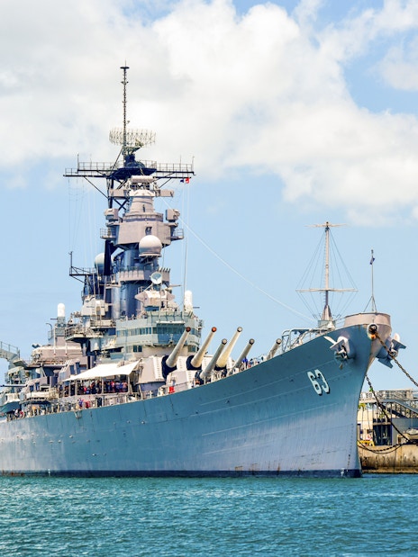 USS Missouri battleship docked at Pearl Harbor, Hawaii.
