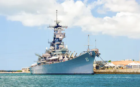 USS Missouri battleship docked at Pearl Harbor, Hawaii.