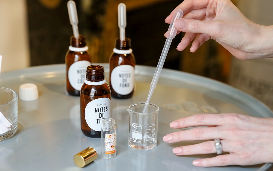 Creating a custom fragrance at a perfume workshop in Grasse.
