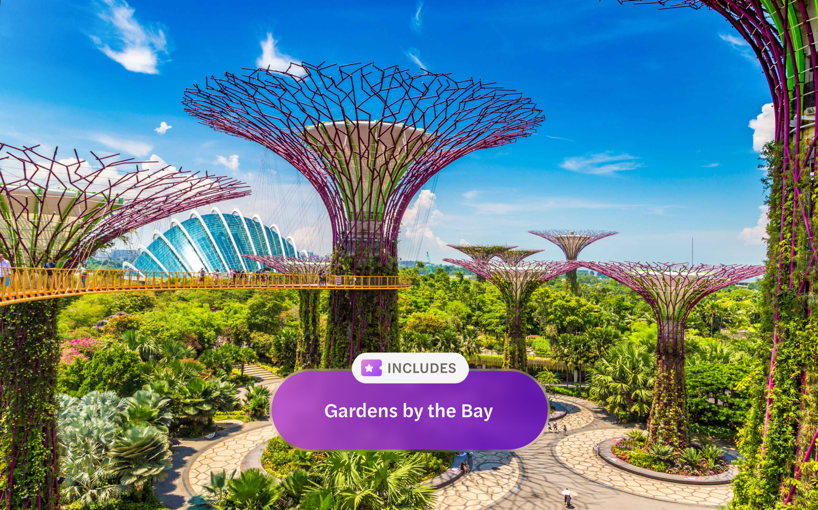 Gardens by the Bay entrance with Supertree Grove and walkway, Singapore.