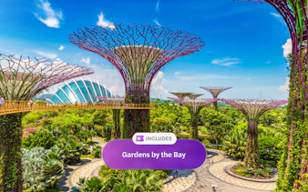 Gardens by the Bay entrance with Supertree Grove and walkway, Singapore.