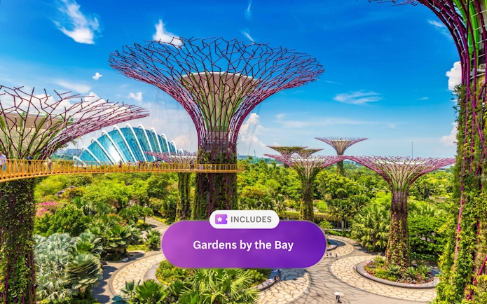 Gardens by the Bay entrance with Supertree Grove and walkway, Singapore.