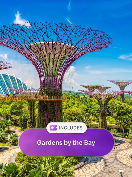 Gardens by the Bay entrance with Supertree Grove and walkway, Singapore.