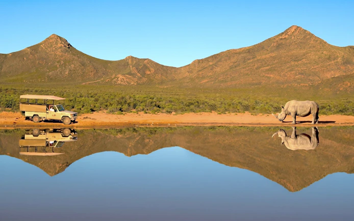 Safari vehicle near white rhino by water at Aquila Safari, South Africa.