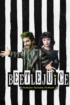 Characters from Beetlejuice Musical in front of black and white striped background