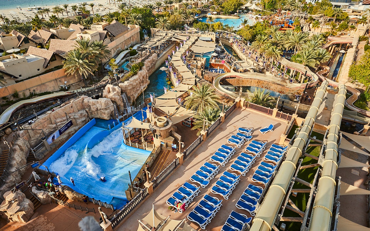 Wild Wadi Water Park in Dubai with water slides and pools near Burj Al Arab.