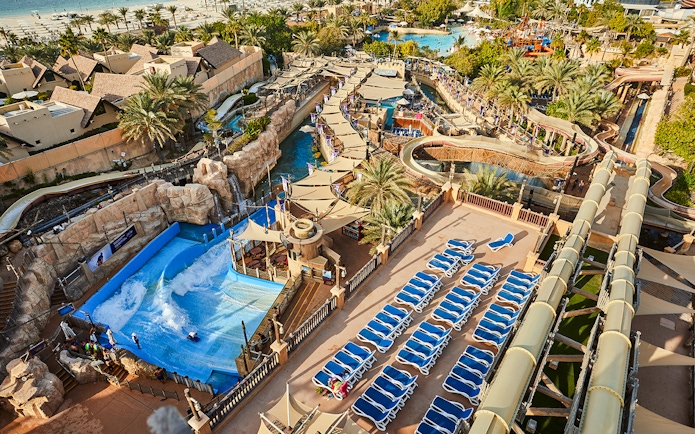 Wild Wadi Water Park in Dubai with water slides and pools near Burj Al Arab.