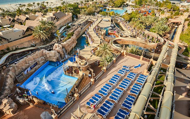 Wild Wadi Water Park in Dubai with water slides and pools near Burj Al Arab.