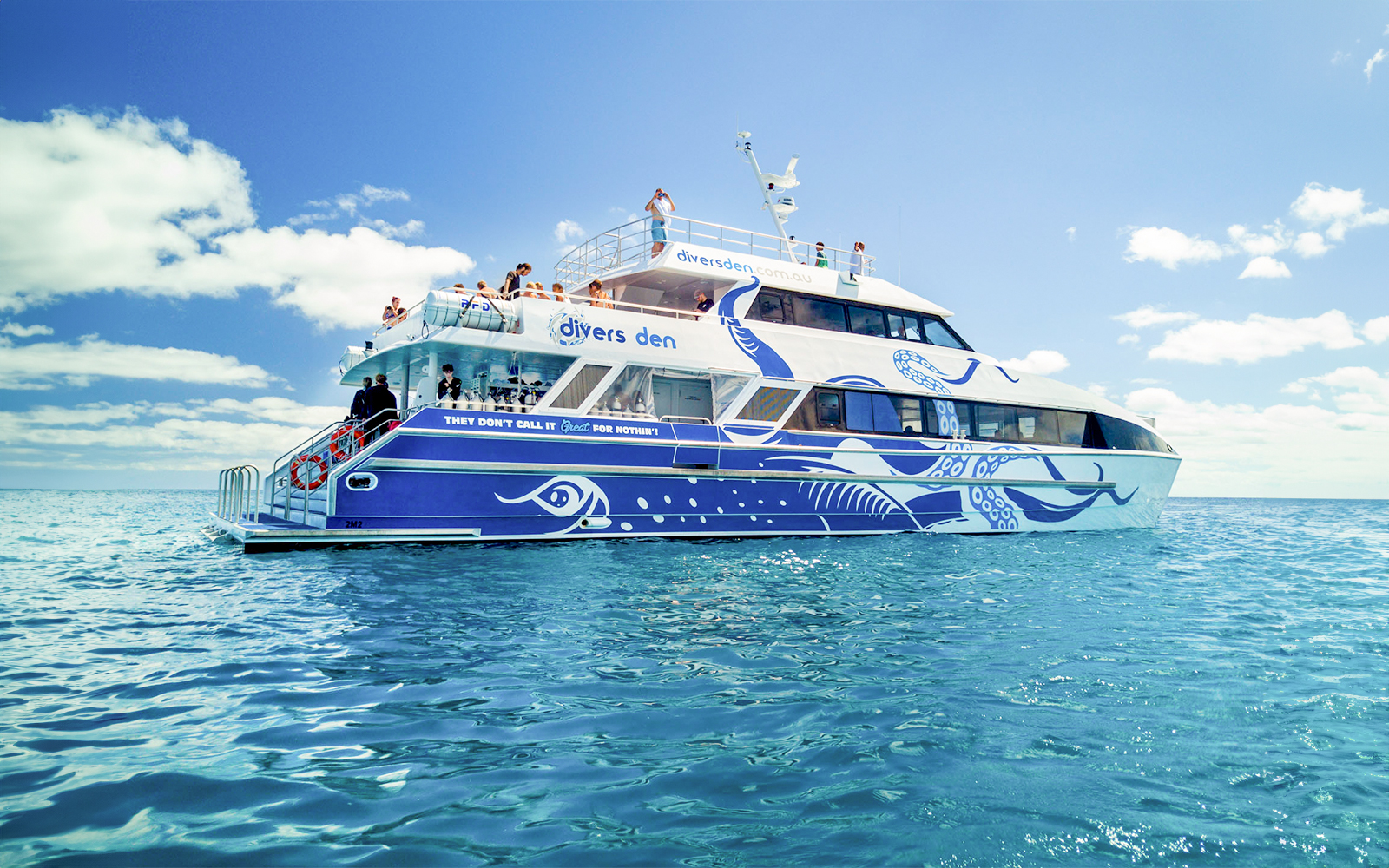 Tour boat on the Outer Great Barrier Reef trip from Cairns, Australia.