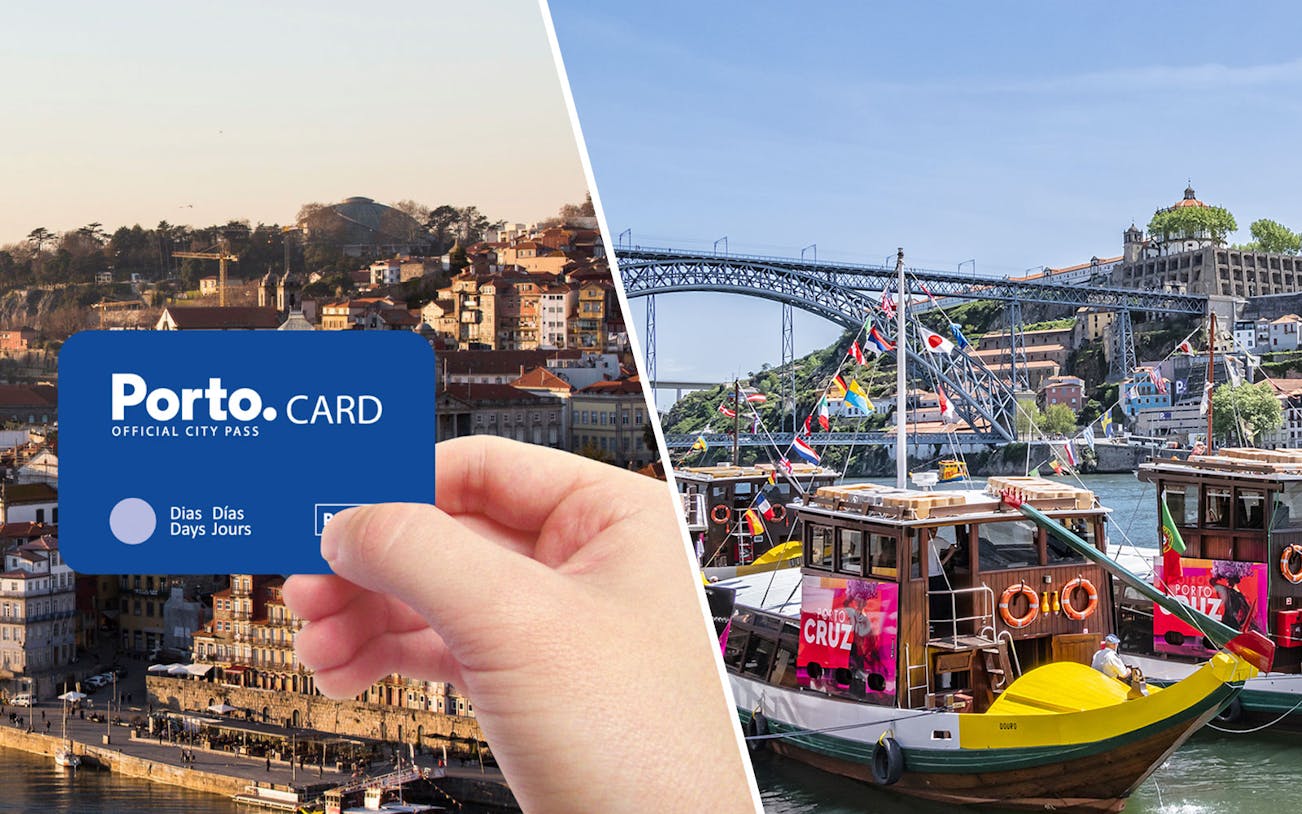 Porto.CARD with view of Douro River boats and Dom Luís I Bridge in Porto.