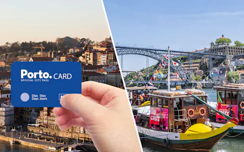 Porto.CARD with view of Douro River boats and Dom Luís I Bridge in Porto.