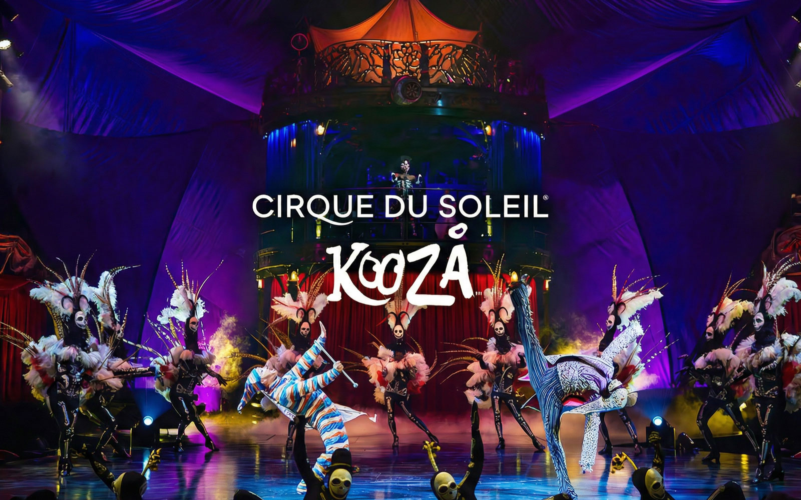 Performers in vibrant costumes on stage at Cirque du Soleil Kooza, Singapore.