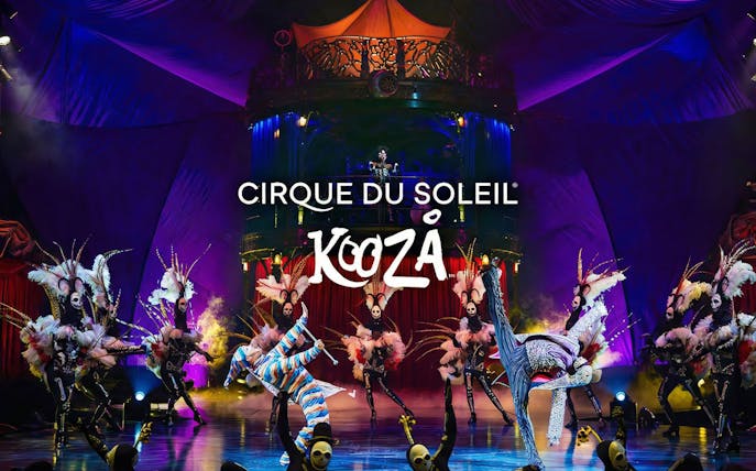 Performers in vibrant costumes on stage at Cirque du Soleil Kooza, Singapore.