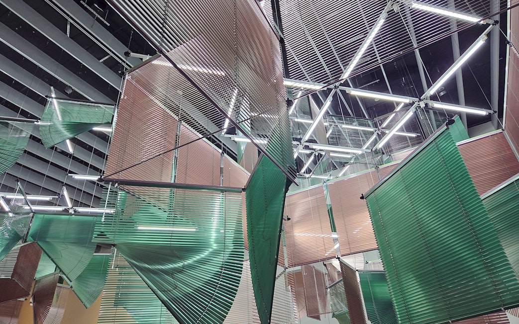 Hanging geometric installation at Centre Pompidou Malaga exhibition.