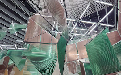 Hanging geometric installation at Centre Pompidou Malaga exhibition.