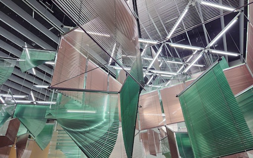 Hanging geometric installation at Centre Pompidou Malaga exhibition.