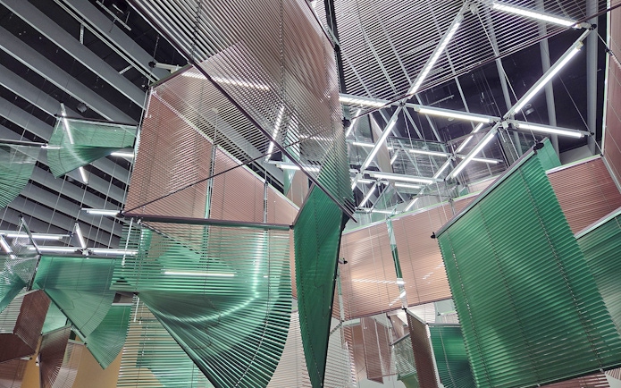 Hanging geometric installation at Centre Pompidou Malaga exhibition.