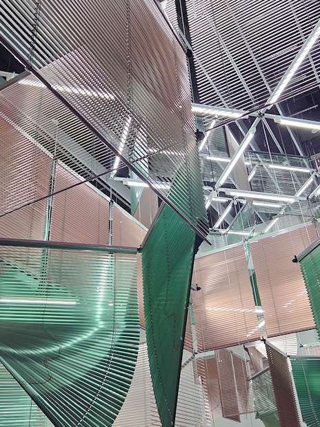 Hanging geometric installation at Centre Pompidou Malaga exhibition.