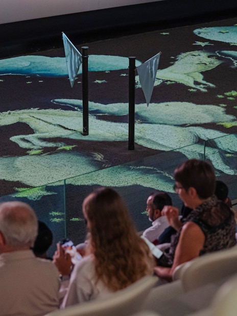 Audience watching horse projections at Abu Dhabi Royal Equestrian Arts show.